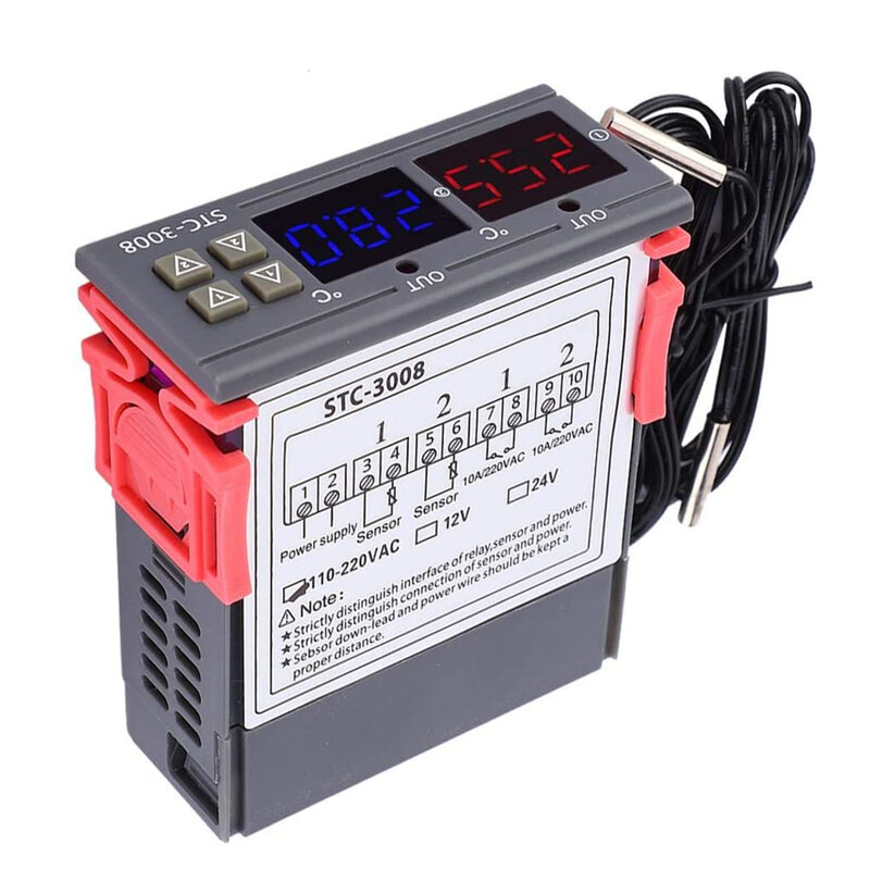 Controlador de temperatura digital duplo, saída de dois relés, aquecedor termostato com sonda, 12V, 24V, 220V, geladeira doméstica, calor frio, STC-3008