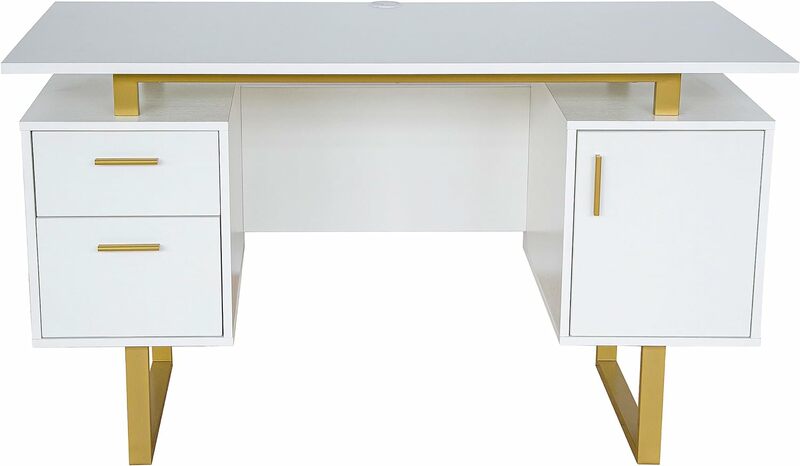 Techei Mobilio laci dan kabinet 51.25 "w-modern kantor besar mengambang permukaan meja Desktop, putih/emas