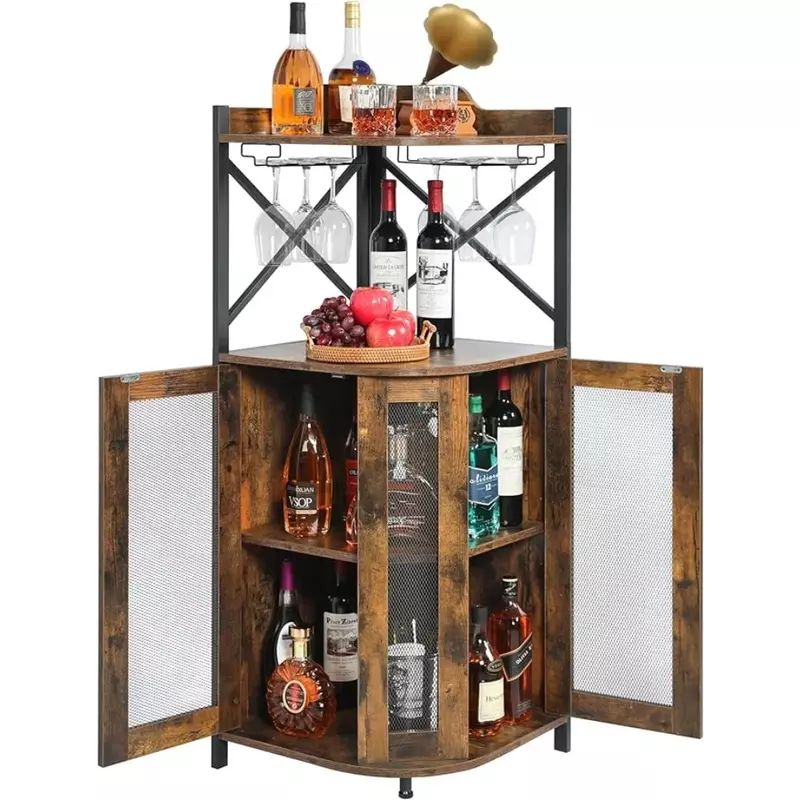 Armario de barra esquinero con soporte de vidrio, refrigerador de vino, barra de casa para almacenamiento de licor y vino, vitrinas marrones rústicas, estante