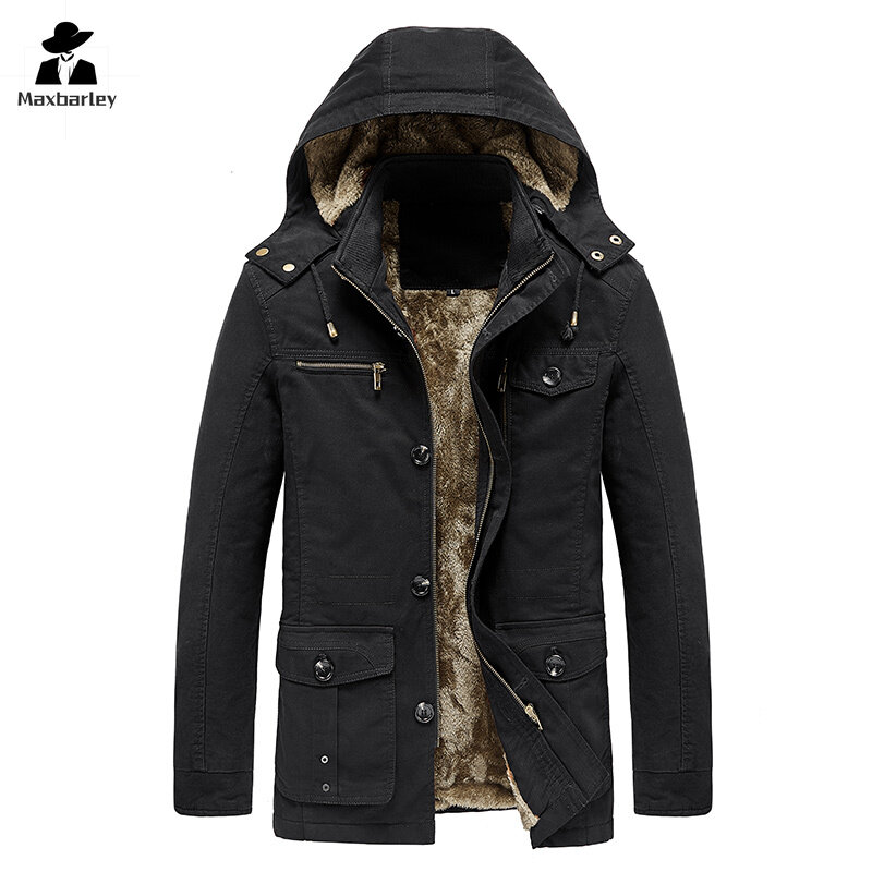 2024 New Retro Men's Jacket Fleece Warm Thick Windproof Hooded Parka Coat Outdoor Multi-pocket Work Clothes Men's Winter Coat