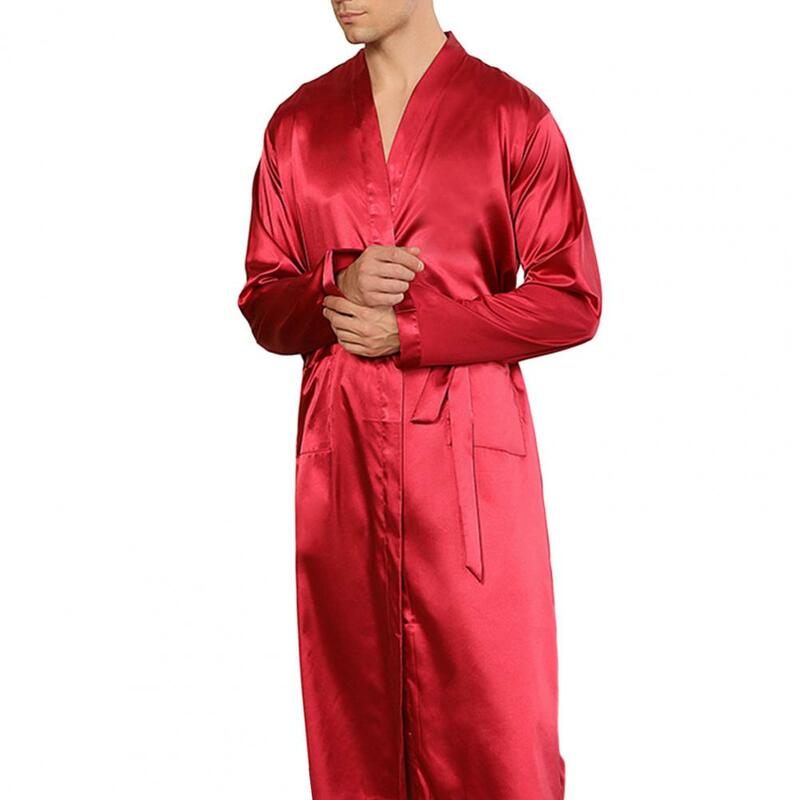 Men Bathrobe Smooth Satin V Neck Lace Up Waist Belted Long Sleeve Solid Color Pockets Soft Breathable Homewear Nightgown