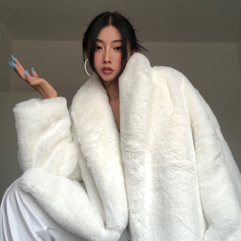 2024 winter fashion new loose sxey imitation fur super thick heavy industry rabbit hair medium long bathrobe coat fur white top