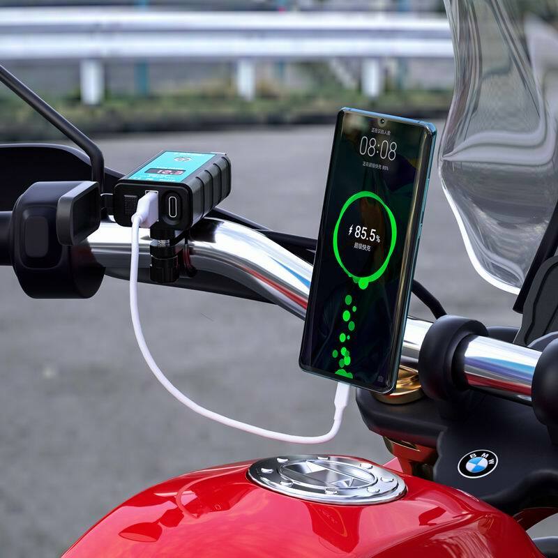 12V USB Motorcycle Charger Fast Charging Adapter SAE To USB Type-C Socket Waterproof Switch With Voltmeter Motorbike Accessories