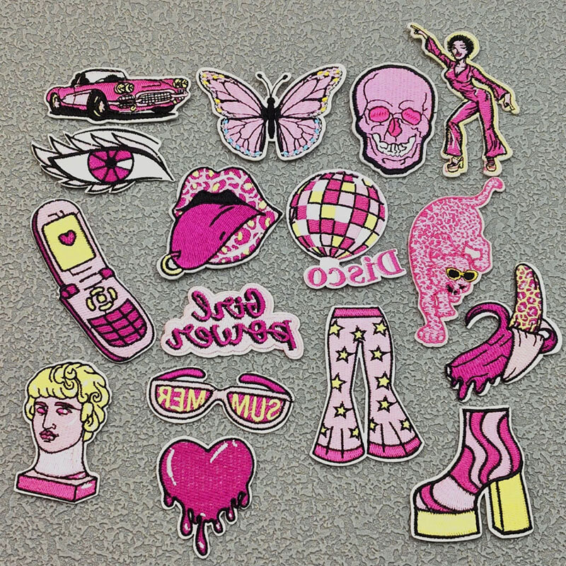 Parche bordado de discoteca, artesanal pegatina de tela, insignias de supercoche de color rosa, accesorios para planchar en ropa, bolso y sombrero