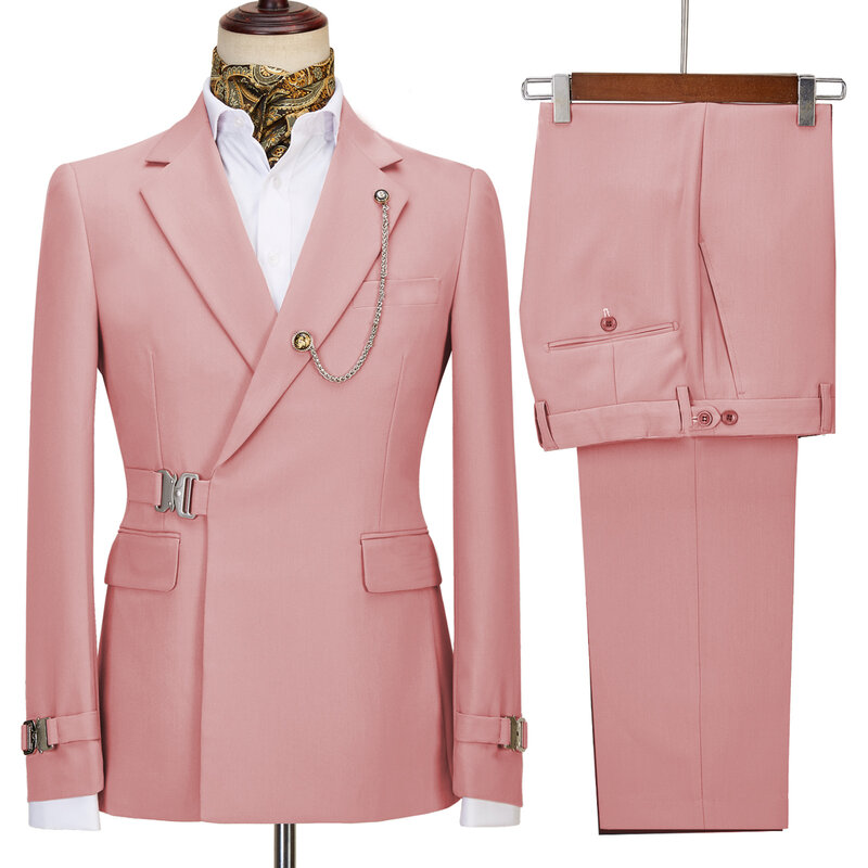 Traje ajustado de Color sólido para hombre, chaqueta con pantalones, botones de Metal, adecuado para negocios, vestidos de banquete de boda, 2 piezas