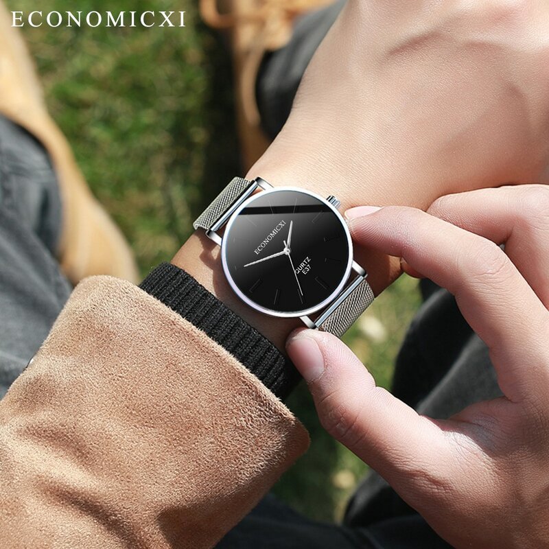 Simples Moda Relógios Masculinos Simples Round Dial Watch Stainless Steel Strap Casual Relógio de pulso Waterproof Dial Relógio Armbanduhr