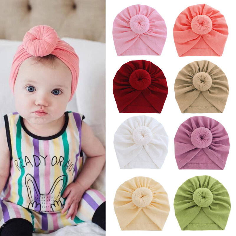 Aksesoris topi Beanie bayi perempuan, topi Beanie katun warna Solid, penutup kepala simpul atas lucu untuk bayi baru lahir