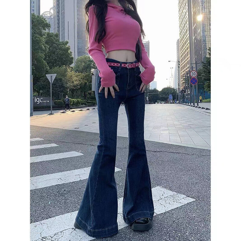 กางเกงยีนส์ขาบานเอวสูงสำหรับผู้หญิง MODE Korea Y2k แนวสตรีทสวมใส่สบายกางเกงขายาวผ้ายีนส์ฤดูใบไม้ผลิ2023ฤดูใบไม้ร่วง