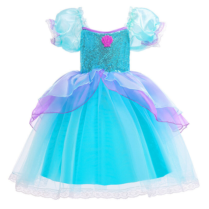 Girl Summer Princess Mermaid Dress Ariel Cosplay Costume Children Luxury Embroidery Dress For Carnival Halloween Party 2-10 Yrs