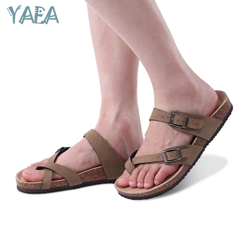 YAEA-Sandalias de corcho con hebilla ajustable para mujer, chanclas planas de diseño clásico para exteriores y playa, informales y acogedoras, a la moda