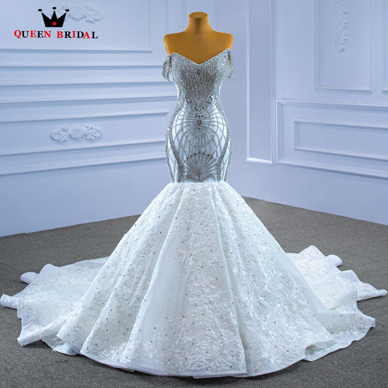Mermaid Wedding Dresses with Rhinestones and Crystals Off the Shoulder V Neck Bridal Dress vestido de noiva Custom Made XX52