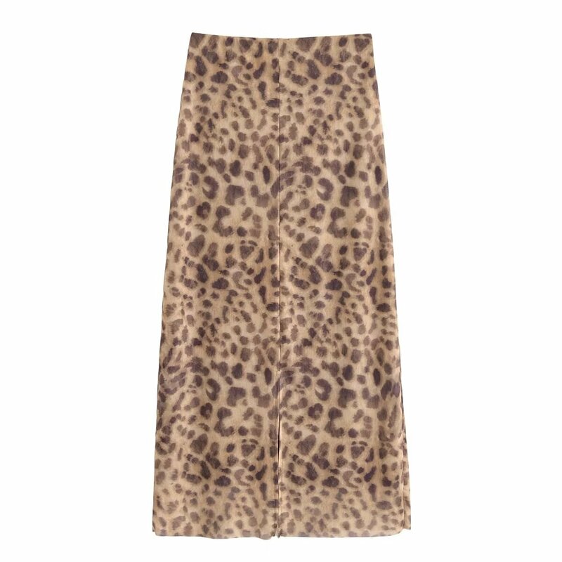 Frauen neue schicke Mode Mesh Leoparden muster Midi Rock Vintage hohe Taille Reiß verschluss weibliche Röcke Mujer