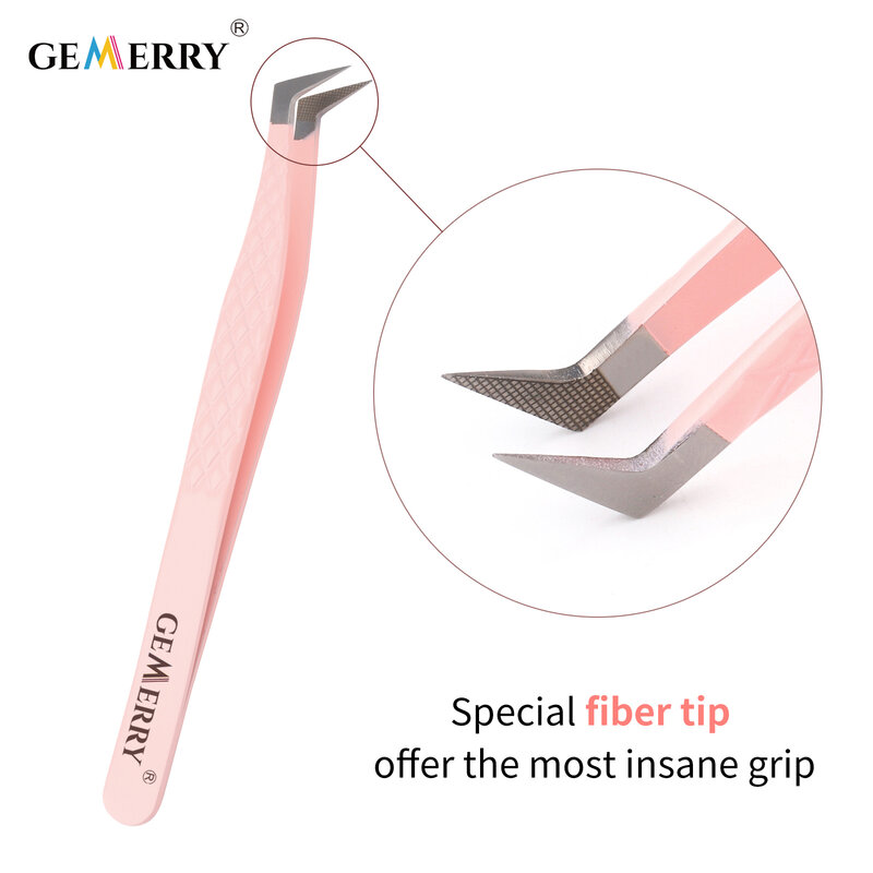 Gemerry-Pinzas de acero inoxidable para extensiones de pestañas, pinzas antiestáticas de alta precisión con puntas de fibra, herramientas de maquillaje, color rosa, 1 unidad