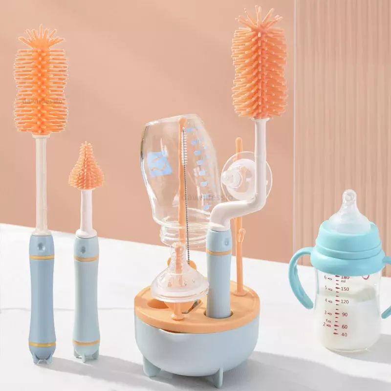 Baby Silicone Bottle Brush Long Handle Cleaning Brush Drying Rack Combination 360-degree Rotating Cleaning Bottle Brush Set