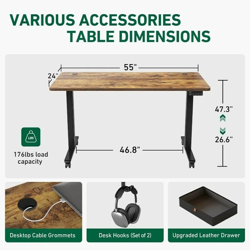 Fezibo โต๊ะยืนโต๊ะพับได้ขนาด55X24นิ้วพร้อมลิ้นชักปรับความสูงได้นั่งสำนักงานบ้านโต๊ะ
