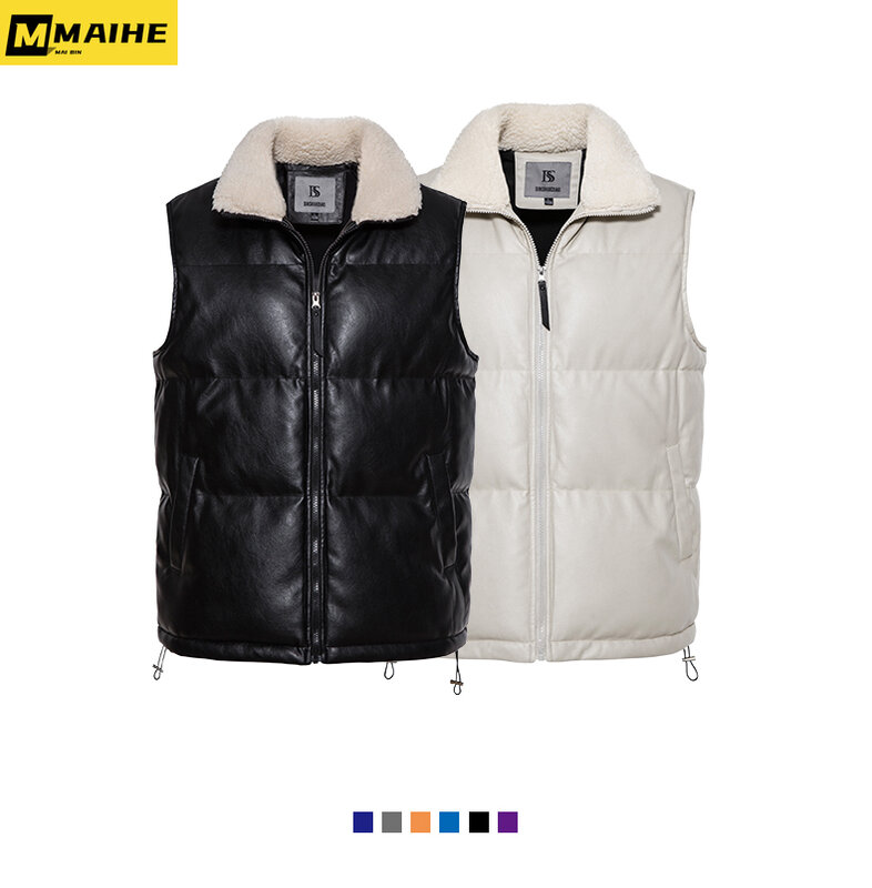 2023 new leather jacket vest men's short winter sleeveless warm down cotton vest K-Pop trend thickened windproof PU leather coat