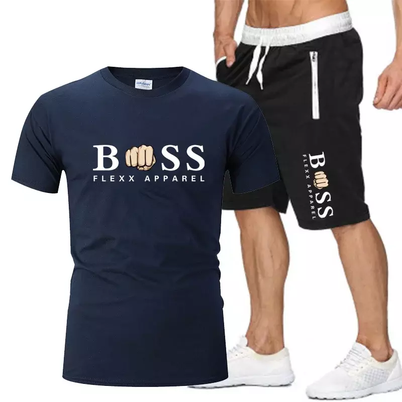 2024 Fashion Print New Sports Men's Pure Cotton Round Neck T-shirt Summer Breathable Sports Casual Shorts Two Piece Set