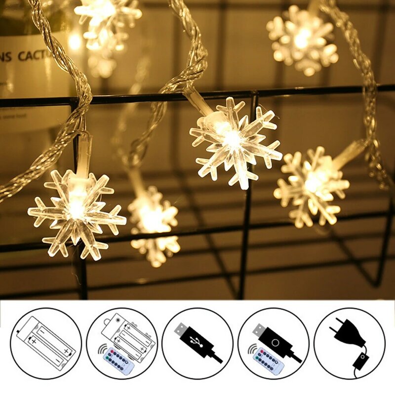 USB Battery Powered LED String Light Branco quente, Multicolor Snow Fairy Lamp, Garland Light para o Natal, Decoração de festa de casamento