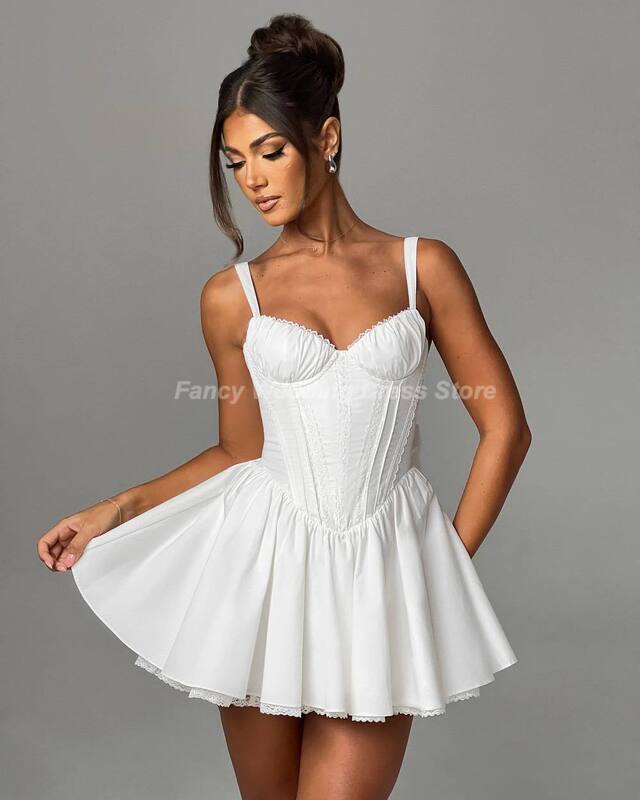 Cetim extravagante simples Formal Prom Dresses, Mini Querida Collar, Sem encosto, Sem mangas A Linha Vestido, Plissados Vestidos de noiva