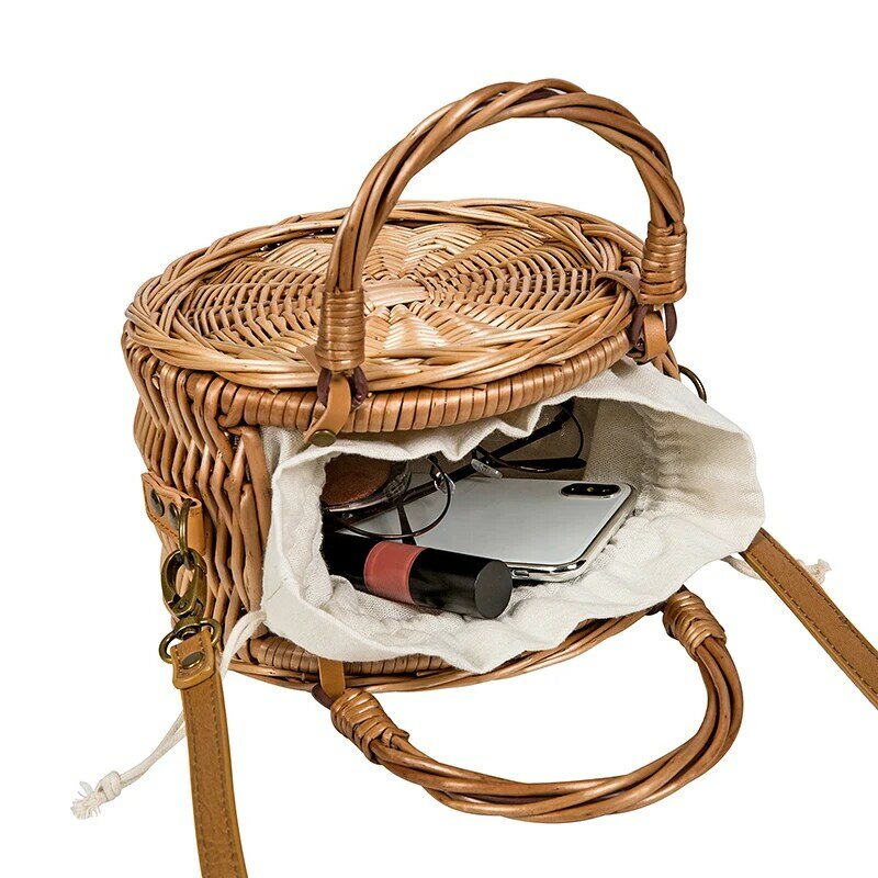 Круглая плетеная Женская сумочка ручной работы, Пляжная соломенная сумка, женские сумки-мессенджеры через плечо из ротанга