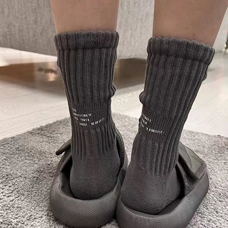 Мужские Винтажные вязаные спортивные носки, однотонные утепленные носки, носки средней длины с надписью, японские спортивные носки в стиле Харадзюку
