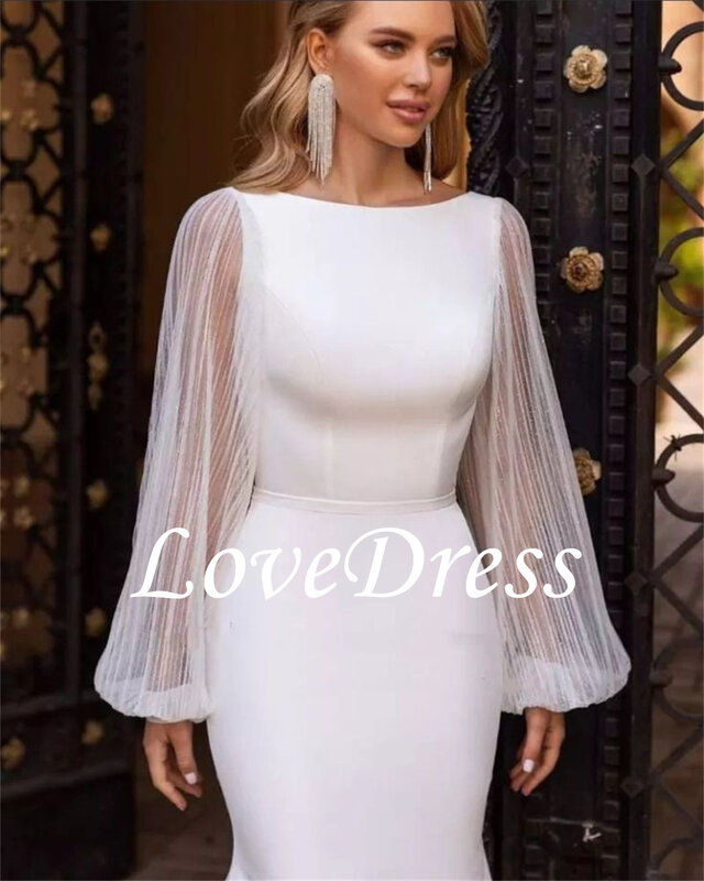 LoveDress-simples mangas compridas vestido de casamento para mulheres, pescoço do barco, uma linha, vestidos sem encosto sexy, vestidos sereia
