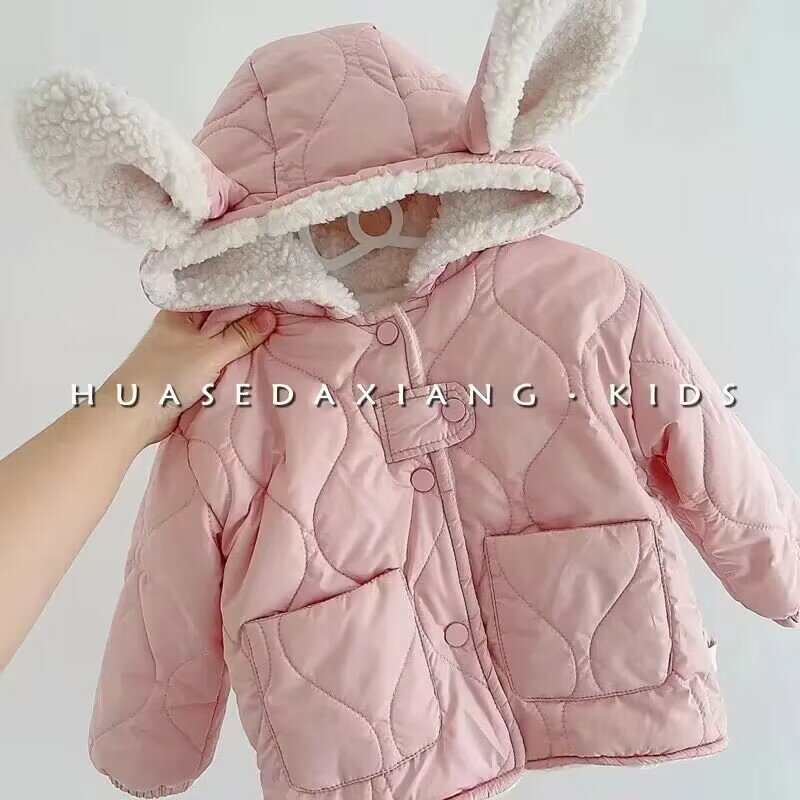 Casaco coreano com capuz de cordeiro para crianças, roupas femininas, casaco de pelúcia, algodão quente, doce e fofo, menininha, inverno, 2023