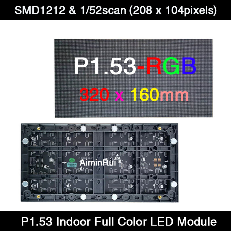 P1.53 Painel de LED SMD Módulo Interno, 320x160mm, Display Colorido, 3 em 1, Digitalização 1/52, SMD1212, HUB75E, 208x104Pixels, Matriz, 40pcs por lote