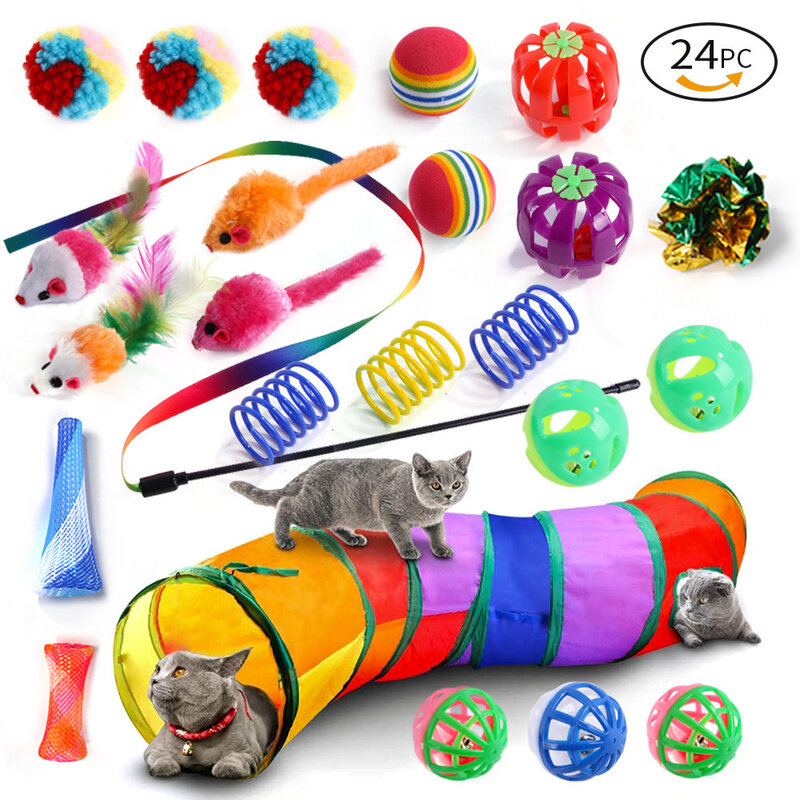 DualPet игрушки для котят, разнообразные игрушки для кошек, набор для комбинирования, палка для кошек, сизаль, мышь, колокольчик, мяч, товары для кошек, набор из 20 шт.