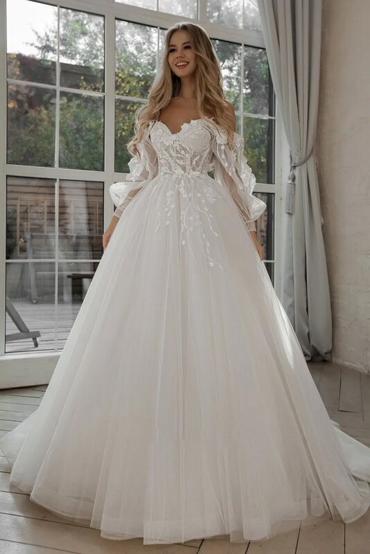 Haohao 2024  Wedding Dresses Puff Sleeve Appliques Lace 3D Flowers off Shoulder Tulle Boho Bride Gown  vestidos de novia