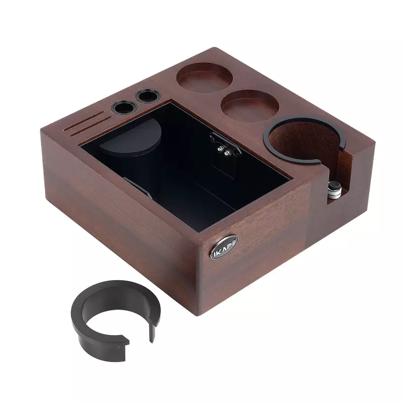IKAPE V2 Espresso Knock Box, Coffee Organizer Box, Base della stazione di noce naturale adatta per la conservazione Espresso Tamper, distributore