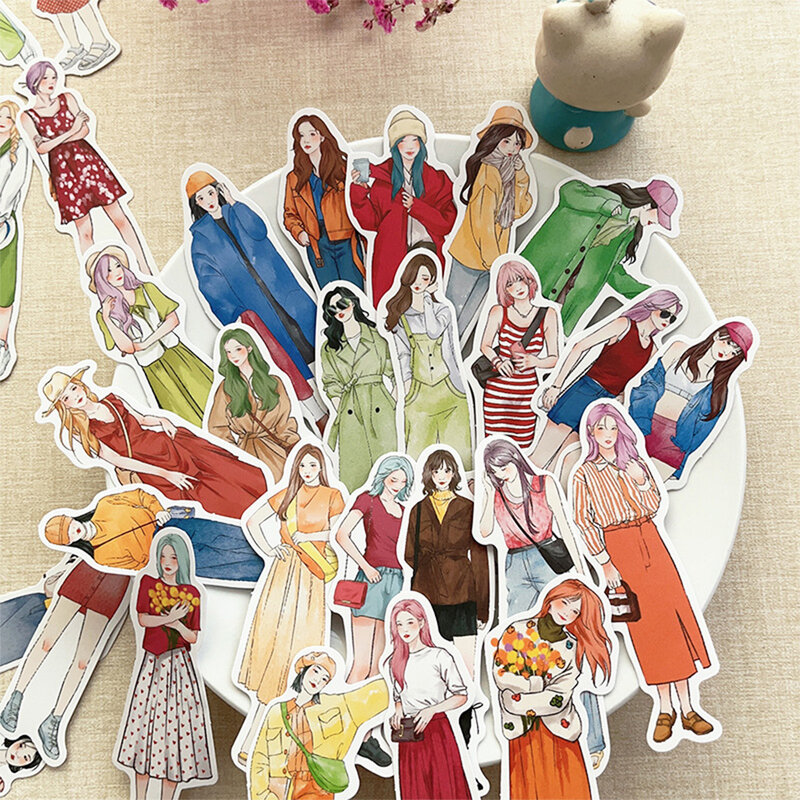 계절 드레싱 패션 의상 소녀 스티커, 만화 미적 데칼, 전화 노트북 일기, 귀여운 장식 스티커, 10 개, 30 개, 60 개