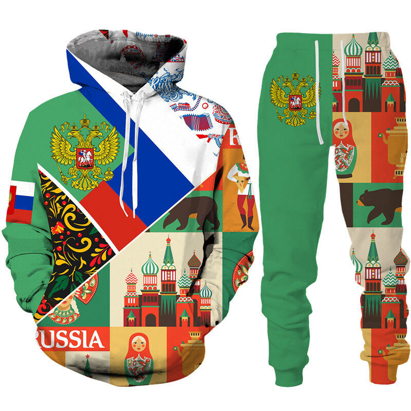 Russian Flag 3D Print Tracksuit Set Man Woman Oversized Casual Hoodie+Pants 2pcs Set Russia National Emblem Fashion Streetwear