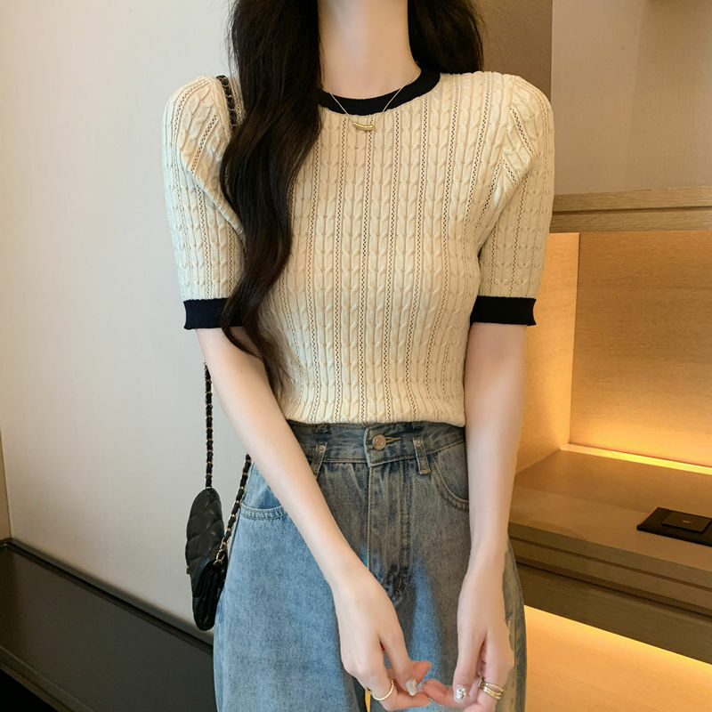 2024 New Summer Office Lady Loose Casual Elegant Fashion T-shirts for Women Solid Splicing Knitting O Neck Short Sleeve Y2K Tops