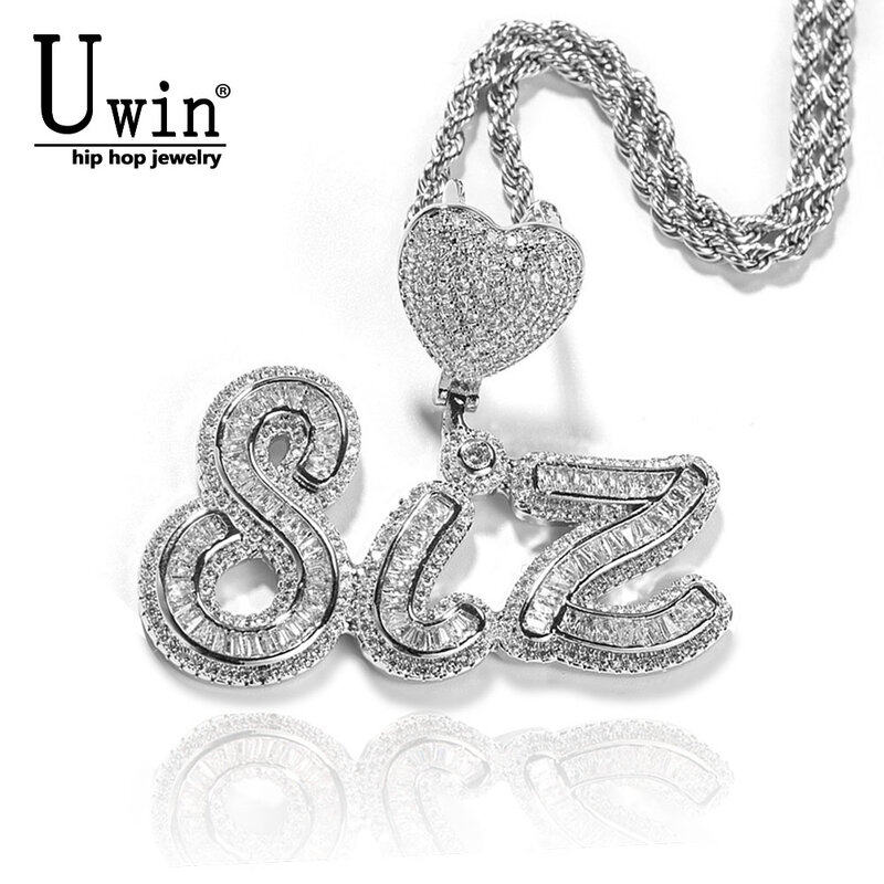 UWIN ciondolo con lettere corsive personalizzate con chiusura a cuore ghiacciato Baguette CZ collana Charms catena da Tennis targhetta gioielli di moda