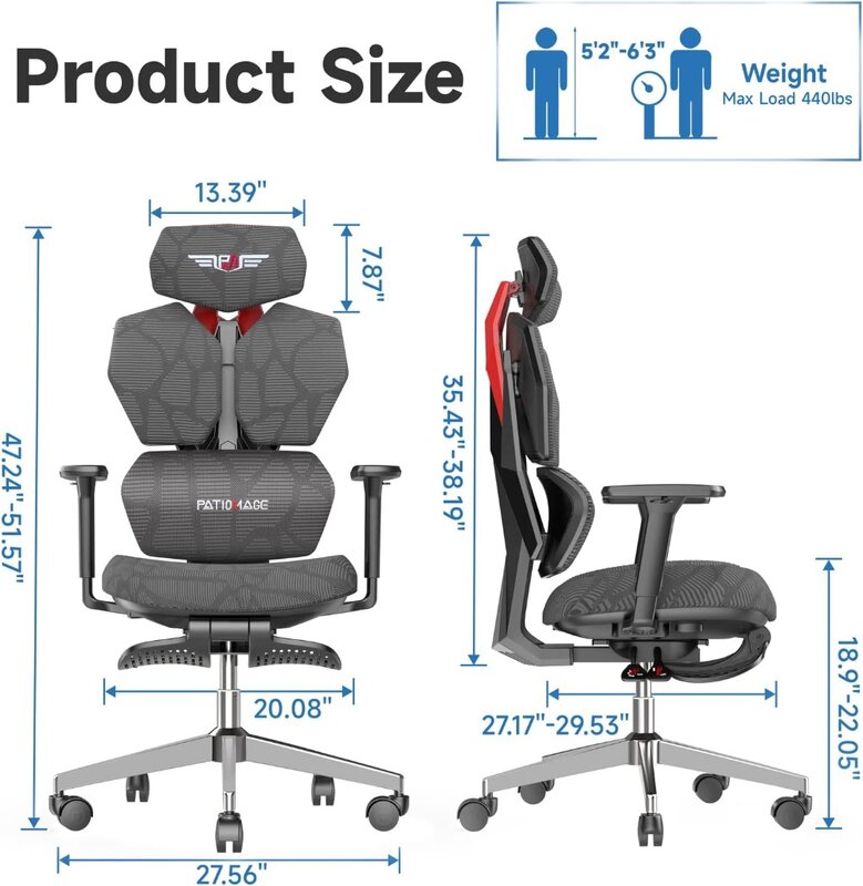 발받침 있는 인체공학적 게이밍 의자, 크고 큰 게임 의자, 조절 가능한 요추 지지대, 3D 팔걸이