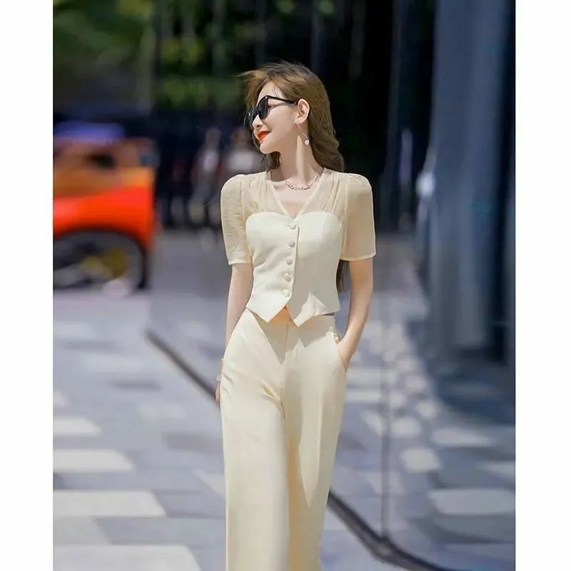 여성 캐주얼 와이드 팬츠 투피스 세트, 슬림해 보이는 하이엔드 팬츠, 한국 버전, 용수철, 여름 패션