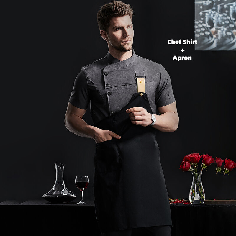 Khaki Uniform Catering Arbeits kleidung Kopfhemden Koch mantel Koch jacke Sommer Restaurant Friseur Kellner Hemd Schürze