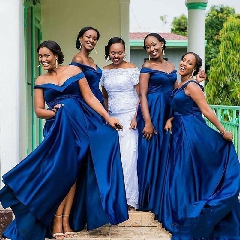 Платье подружки невесты с открытыми плечами и высоким разрезом, темно-синее