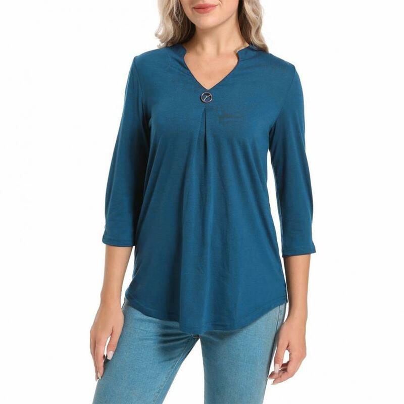 V Neck 3/4 Sleeve Pin Decor Blouse Pleated Hem Women T-shirt Spring Autumn Solid Color Slim Fit Tunic Pullover Top Streetwear