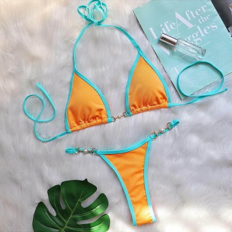 DEKA kobiety brazylijski prążkowany zestaw mikro Bikini Push Up Patckwork stringi strój kąpielowy strój kąpielowy z wysokim stanem kostium kąpielowy damski kąpiący się