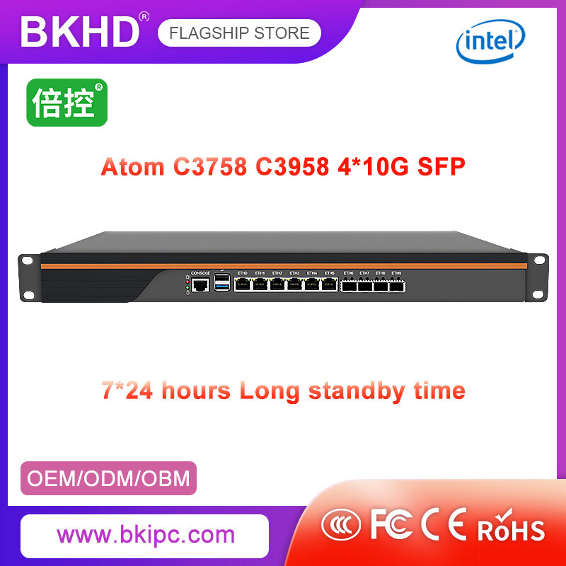 BKHD 1U Firewall Server Intel Atom Quad Core C3758 6 Lan 4 SFP+ 10G Support 4G 5G