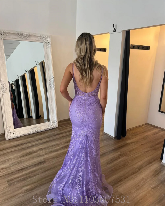 Spaghetti Straps Boat Collar Floral Applique Lace Prom Dress for Women Sexy Mermaid Backless Court Side Split Prom Gown