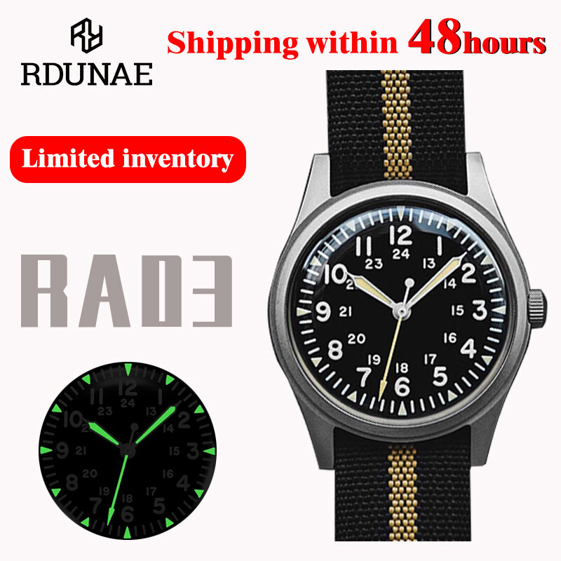 RDUNAE Retro Military Watch 34.5mm 316L Stainless Steel K1 Mineral Glass Luminous Personality Sports Quartz Men's Pilot Watch
