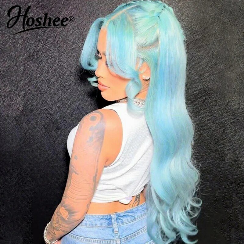 W niebieskim kolorze Body Wave13x4 HD przezroczysta koronka z przodu ludzkie włosy peruka frontalna brazylijska Remy do użytku kobiet Cosplay na wyprzedaży