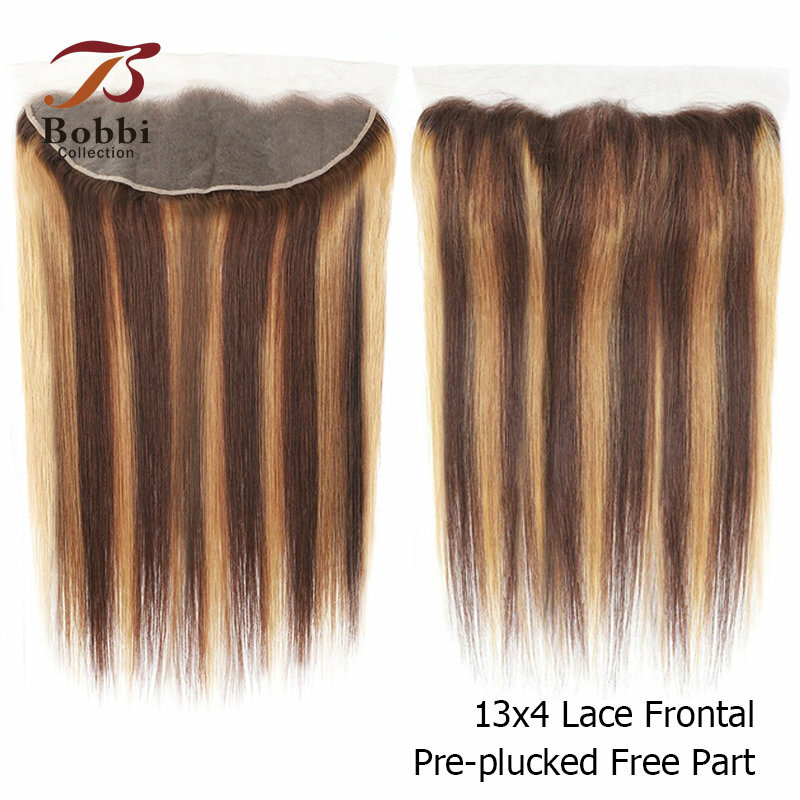 Highlight 3 bundel dengan penutupan lurus rambut manusia menenun Balayage coklat pirang warna campuran renda penutup Frontal Bobbi 12-24inch