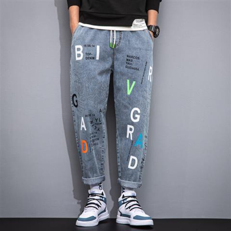 Streetwear dżinsy Vintage lato koreański styl dżinsy męskie Casual nadrukowane litery luźne jeansy męskie dżinsy ze średnim stanem spodnie z prostymi nogawkami