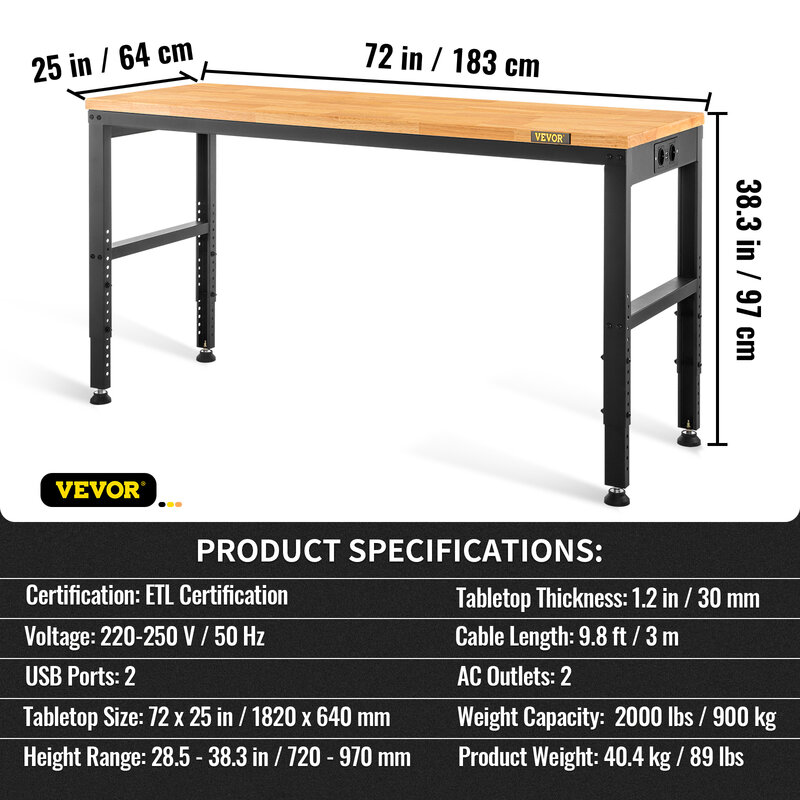 Vevor Heavy-Duty Workbench 72cm Adjustable Height Oak Wood Hardwood Top Work Table 900KG Load Capacity for Office Home Workshop