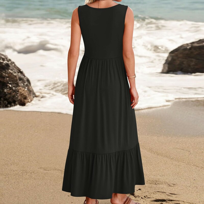 Women's 2024 Summer Tank Long Dress Square Collar Sleeveless Solid Maxi Dress Ladies Pockets Pleated Ruffles Backless Dresses