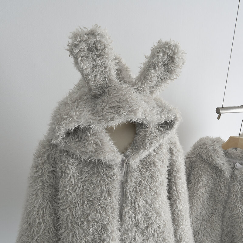 Women's Autumn Winter Faux Fur Cute Rabbit Ears Hooded Jacket Lady Thick Warm Long Sleeve Faux Wool Loose Short Outwear